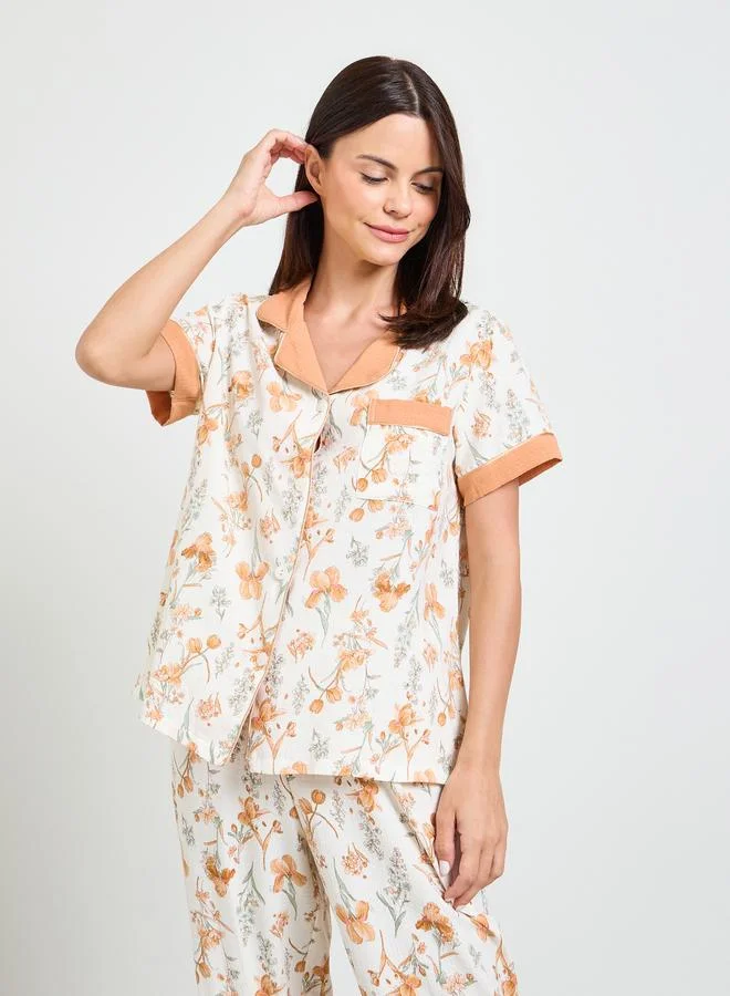 Take Two Off White Floral Print Shirt And Pyjama Set
