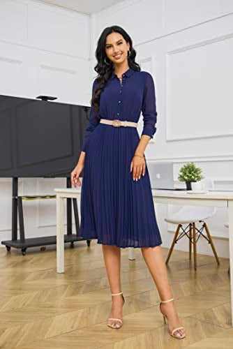 AbleTree Pleated Work Dress for Women Long Sleeve Midi Collared Dresses for Office Business Casual Church Navy Blue - Image 3