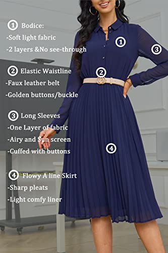 AbleTree Pleated Work Dress for Women Long Sleeve Midi Collared Dresses for Office Business Casual Church Navy Blue - Image 4