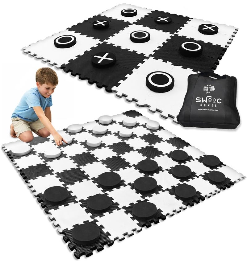 Swooc Games  2in1 Premium Giant Checkers  Tic Tac Toe Game 4ft x 4ft  100 High Density EVA Foam Mat  Pieces  Extra Large Checkers Set with Jumbo Checkerboard and Yard Size Tic Tac Toss - Image 3