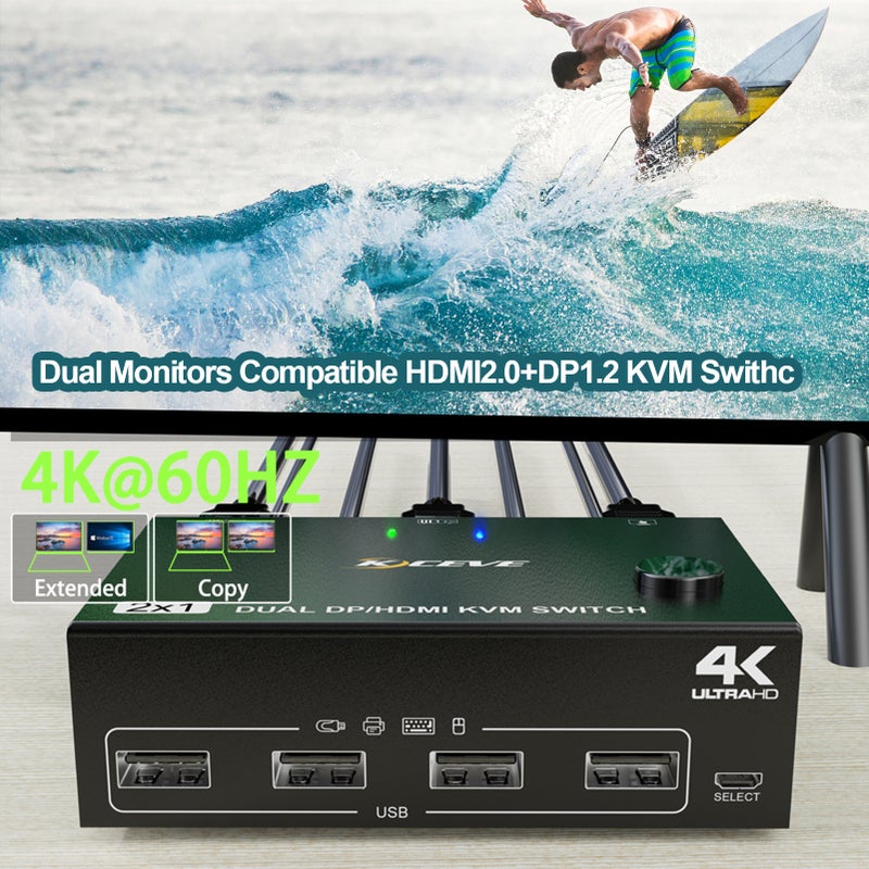 مفتاح KVM متوافق مع شاشتَيْن مزدوجتين DP/HDMI يدعم 4K@60Hz - Image 3