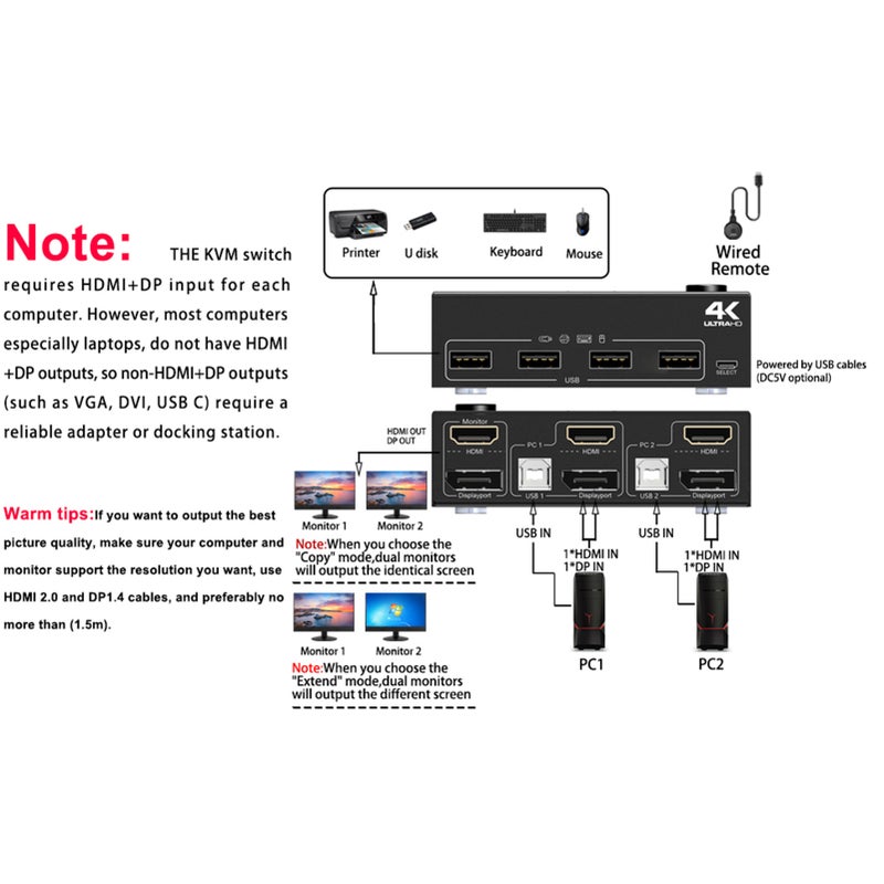 مفتاح KVM متوافق مع شاشتَيْن مزدوجتين DP/HDMI يدعم 4K@60Hz - Image 2