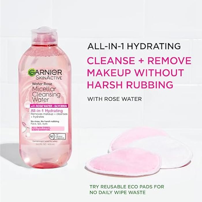 Garnier Micellar Water with Rose Water and Glycerin, Hydrating Facial Cleanser & Makeup Remover, For All Skin Types, Vegan, Cruelty Free, 13.5 Fl Oz (400mL), 1 Count - Image 3