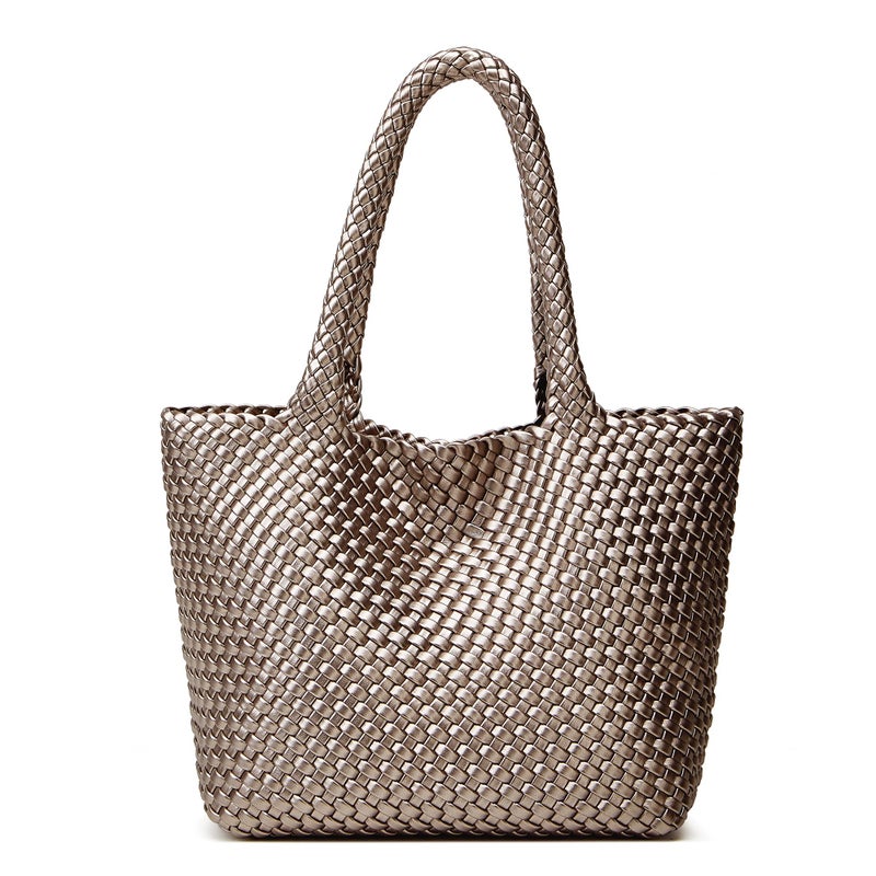 BOYATU Woven Tote Bag for Women: Vegan Leather Purse with 1 Zipper Clutch - Handwoven Tote for Travel Vacation Beach Weekend (Light Copper and Silver) - Image 1