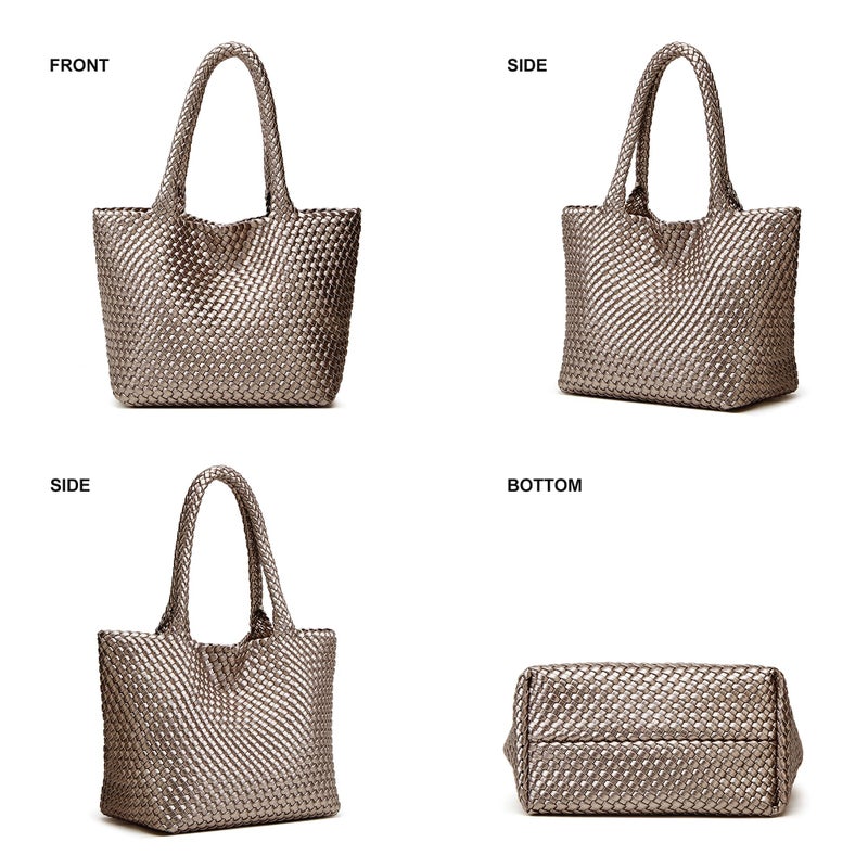 BOYATU Woven Tote Bag for Women: Vegan Leather Purse with 1 Zipper Clutch - Handwoven Tote for Travel Vacation Beach Weekend (Light Copper and Silver) - Image 5