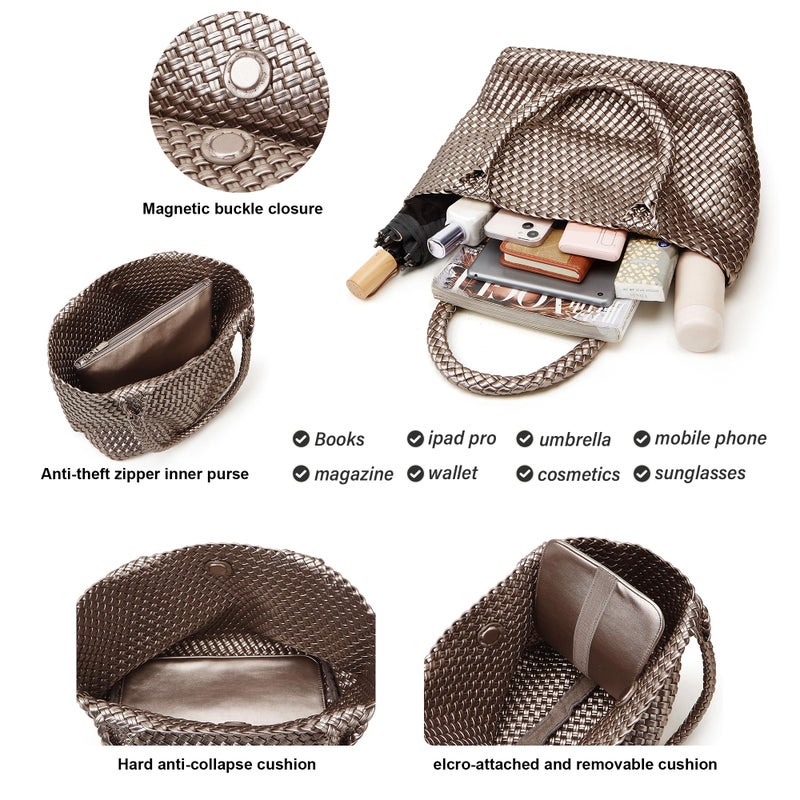 BOYATU Woven Tote Bag for Women: Vegan Leather Purse with 1 Zipper Clutch - Handwoven Tote for Travel Vacation Beach Weekend (Light Copper and Silver) - Image 4