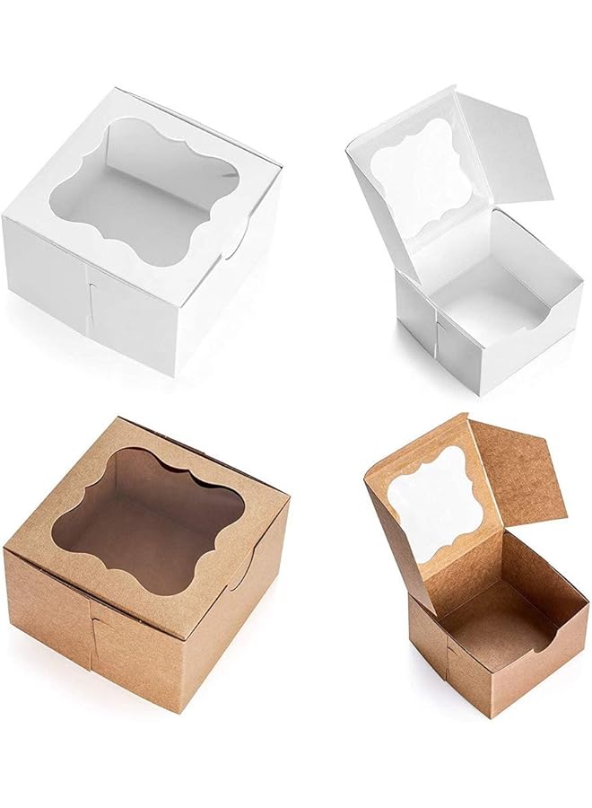 Green Tiger 20 Cardboard White & Brown Bakery Boxes with Clear Window,(4x4x2.5inch) SQUARE Kraft PAPER GIFT Pie Cookie BAKERS Cake Box with Natural Disposable Storage, Transport Of Your Creations - Image 1