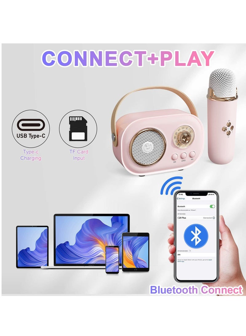 Mini Karaoke Machine with Wireless Microphone Set, Portable Bluetooth Karaoke Speaker, Retro Handheld Style Bluetooth Speaker for Kids and Adults for Family Party Singing Party Birthday (Pink) - Image 3