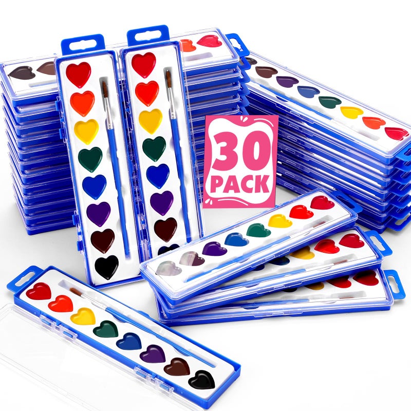 FUMILE 30 Pack Heart Watercolor Paint Set,8 Colors Washable Valentines Water Color Paint Set for Kids with Paintbrush,Watercolor Paint for Prizes Exchange Gifts,Valentine's Day Gifts,Party Favor,Classroom - Image 1