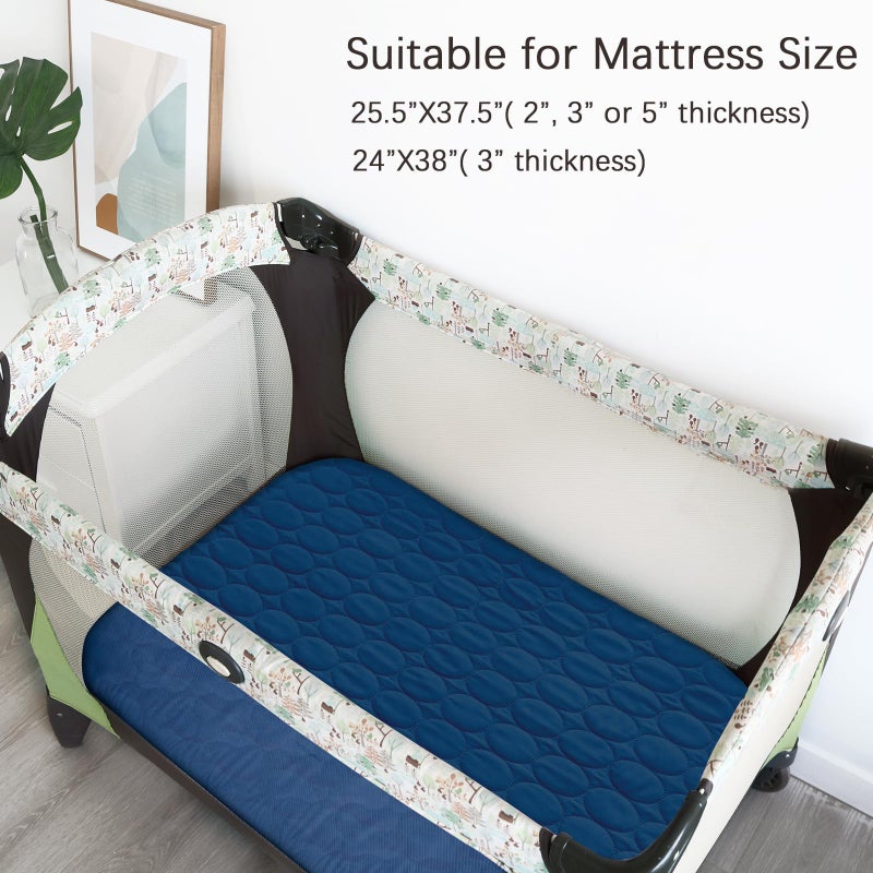 Biloban Pack and Play Sheets Fitted Quilted Waterproof Protector, 2 Pack Playard Mattress Pad Compatible with Graco Pack n Play, Mattress Cover fits for Baby Playpen Mattress, Mini Crib, Gray & Navy Blue - Image 2