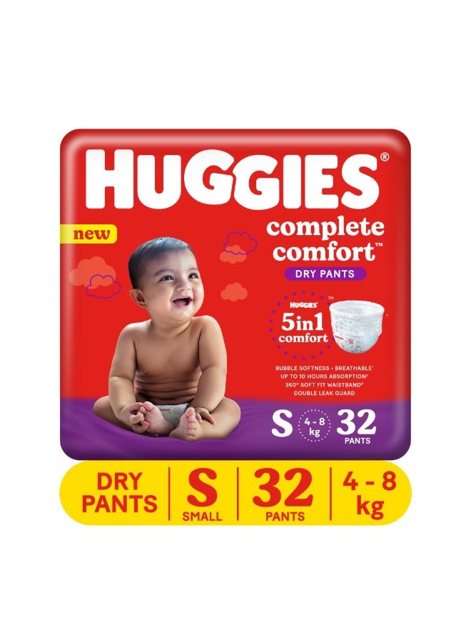 Huggies Complete Comfort Dry Pants Small (S) Size Baby Diaper Pants, 32 count, with 5 in 1 Comfort - Image 1