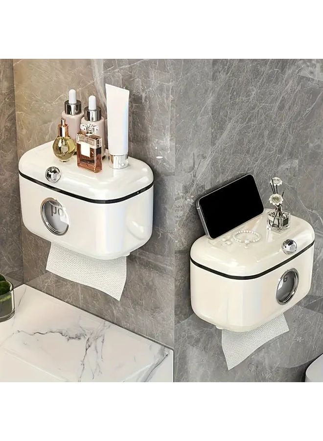 Cream Yellow Wall Mounted Waterproof Toilet Paper Holder With Storage Shelf Bathroom Organizer - Image 5