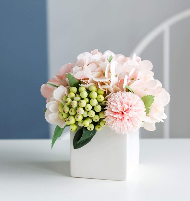LADADA Artificial Hydrangea Flower Arrangement in Ceramic Vase and Vase Home Decoration Artificial Flower Pink