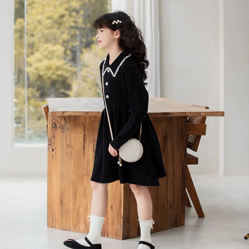 Girls Sweater Dress 2025 New Spring and Autumn Western Style Childrens Knitted dress Middle and Large Childrens Long Skirt Black Diamonds Dress