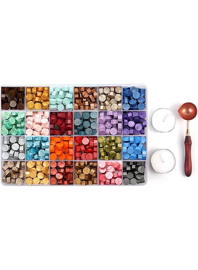 Generic 600 Pcs Sealing Wax Beads Kit Colorful Wax Seal Beads With Storage Box Wooden Handle Wax Melting Spoon And White Candles For Wax Sealing Stamp Cards Envelopes Letter Wedding Invitations  - Image 1