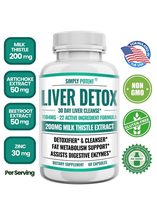 Simply Potent - Liver Detox & Support Supplement Liver Cleanse & Detox Pills Liver Health Formula W 22 Herbs Milk Thistle Artichoke Extract Dandelion Turmeric Ginger Beet Alfalfa & Zinc 60 Capsules - Image 1