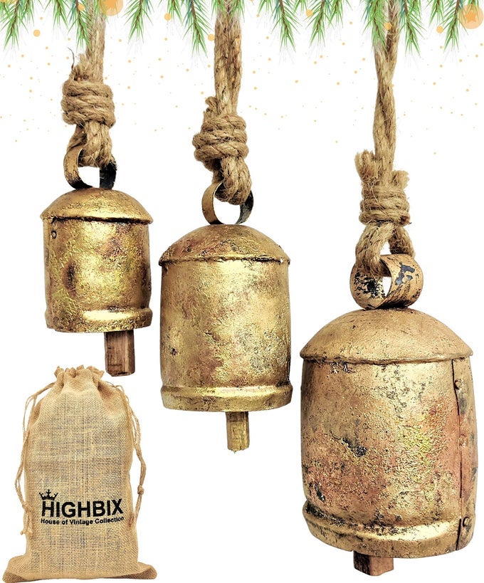 Set of 3 Harmony Cow Bells Vintage Handmade Rustic Lucky Christmas Hanging Bells On Rope