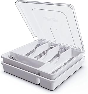 QINOL QINOL Silverware Holder with Lid, Double Layer Utensil Tray with Cover Large Flatware Organizer Plastic Cutlery  - Image 1