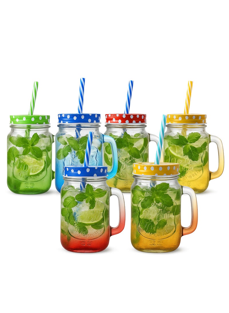 SAQOWARE [ Pack of 6 ] Colorful Mason Jar Drinking Glasses with Handles, Lids & Straws-16oz Vintage Glass Beverage Mugs Iced Tea, Juice, Water, Cocktail, Mojito Jars – BPA-Free, Leak-Proof, Dishwasher Safe - Image 1