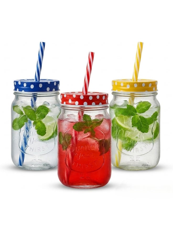 SAQOWARE [ Pack of 6 ] Colorful Mason Jar Drinking Glasses with Handles, Lids & Straws-16oz Vintage Glass Beverage Mugs Iced Tea, Juice, Water, Cocktail, Mojito Jars – BPA-Free, Leak-Proof, Dishwasher Safe - Image 2