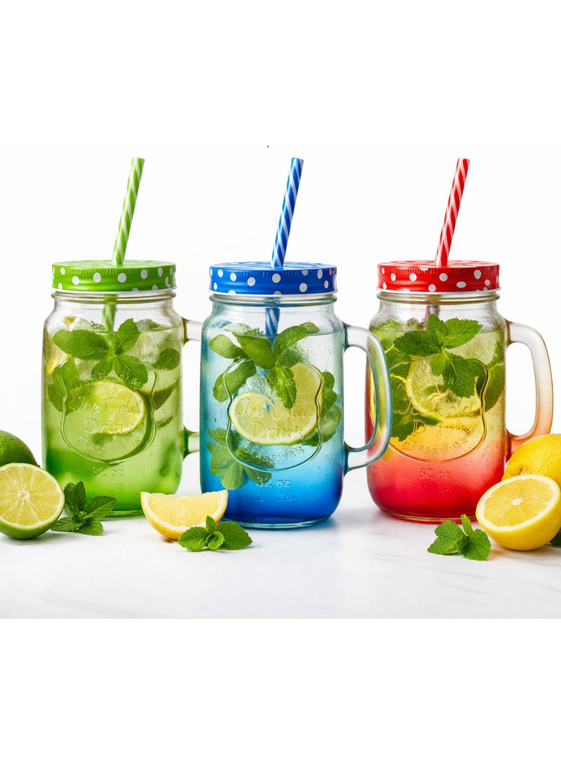 SAQOWARE [ Pack of 6 ] Colorful Mason Jar Drinking Glasses with Handles, Lids & Straws-16oz Vintage Glass Beverage Mugs Iced Tea, Juice, Water, Cocktail, Mojito Jars – BPA-Free, Leak-Proof, Dishwasher Safe - Image 4