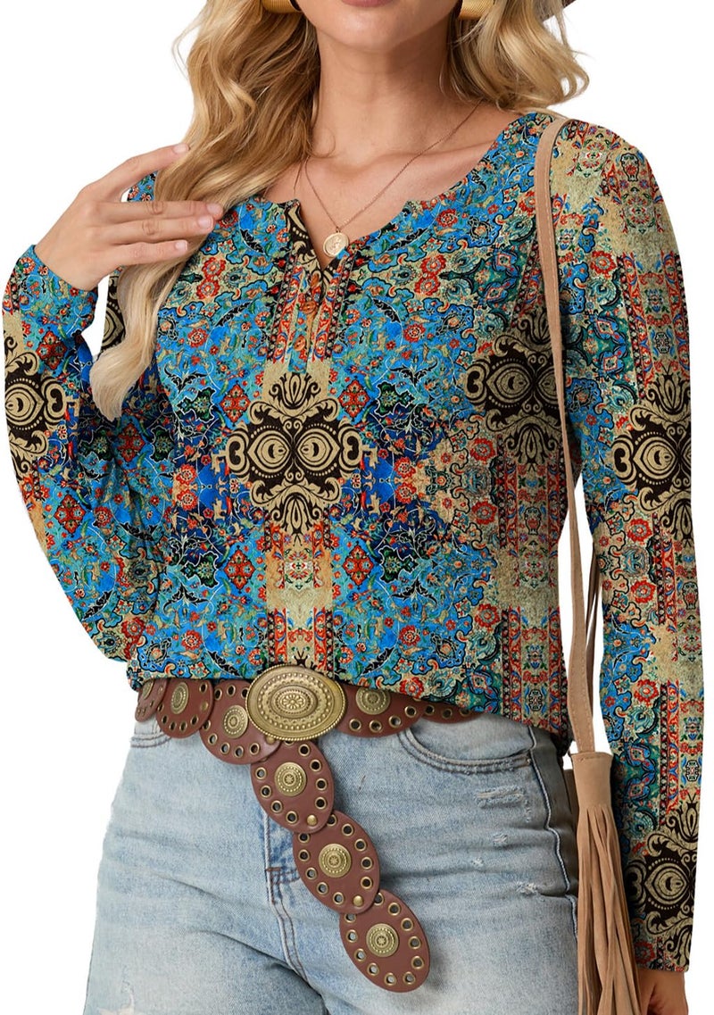 IWOLLENCE Women's Long Sleeve Boho Chic Henley Neck Tops Vintage Western Graphic Printed Shirts Trendy Fall Seniors Country Casual Dressy Button Blouse Blue Paisley, M - Image 1