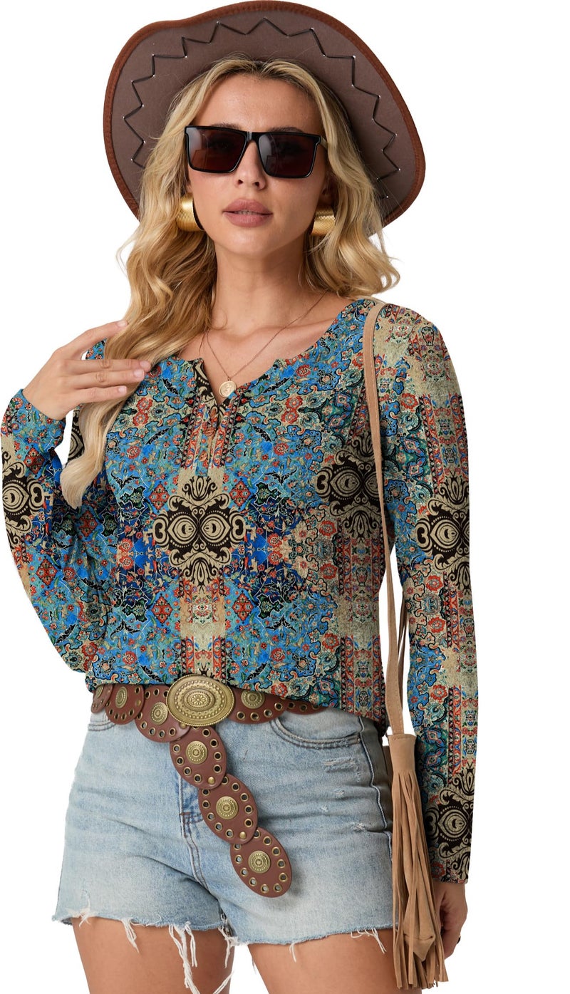 IWOLLENCE Women's Long Sleeve Boho Chic Henley Neck Tops Vintage Western Graphic Printed Shirts Trendy Fall Seniors Country Casual Dressy Button Blouse Blue Paisley, M - Image 3