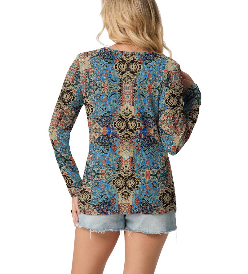 IWOLLENCE Women's Long Sleeve Boho Chic Henley Neck Tops Vintage Western Graphic Printed Shirts Trendy Fall Seniors Country Casual Dressy Button Blouse Blue Paisley, M - Image 4