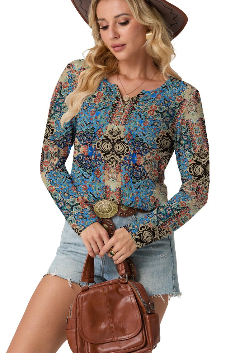 IWOLLENCE Women's Long Sleeve Boho Chic Henley Neck Tops Vintage Western Graphic Printed Shirts Trendy Fall Seniors Country Casual Dressy Button Blouse Blue Paisley, M - Image 5