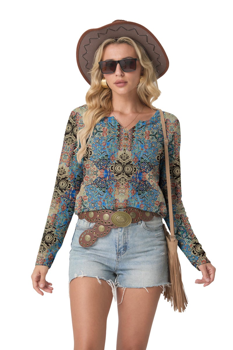 IWOLLENCE Women's Long Sleeve Boho Chic Henley Neck Tops Vintage Western Graphic Printed Shirts Trendy Fall Seniors Country Casual Dressy Button Blouse Blue Paisley, M - Image 2