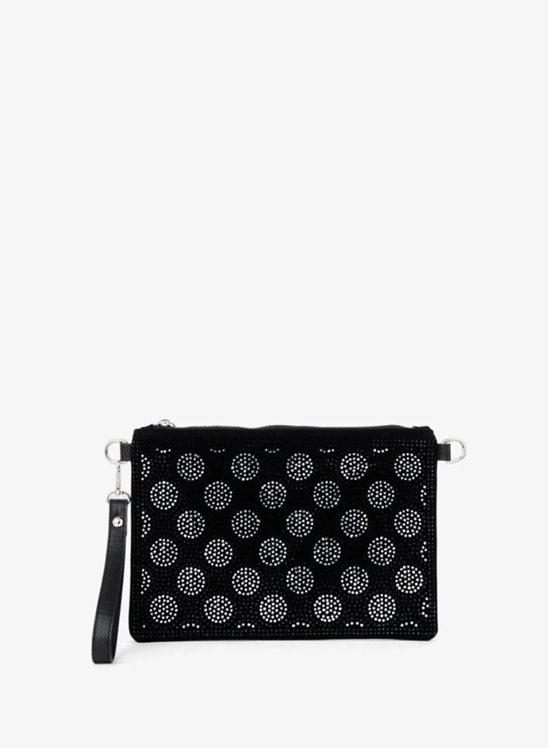 Women's Polka Dot Silver Stone Suede Wrist-Strap and Chain-Strap Portfolio and Clutch Bag.