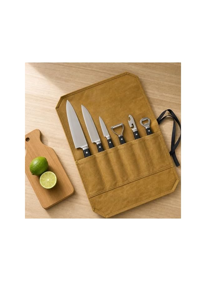 S-TOP Knife Roll Bag, Waxed Canvas Chef'S Knife Roll Bag With 7 Slots, Portable Knives Pouch Knife Storage Case Knife Carrier For Home Camping Picnic Chefs Cooking Lovers, Khaki(Bag Only) - Image 3