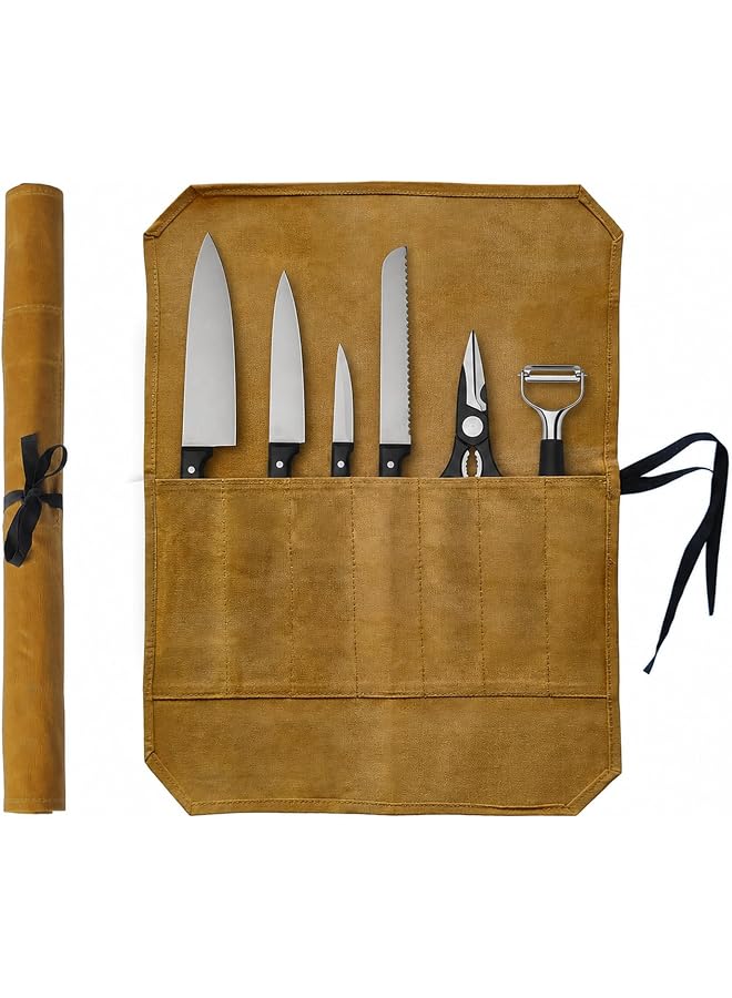 S-TOP Knife Roll Bag, Waxed Canvas Chef'S Knife Roll Bag With 7 Slots, Portable Knives Pouch Knife Storage Case Knife Carrier For Home Camping Picnic Chefs Cooking Lovers, Khaki(Bag Only) - Image 1
