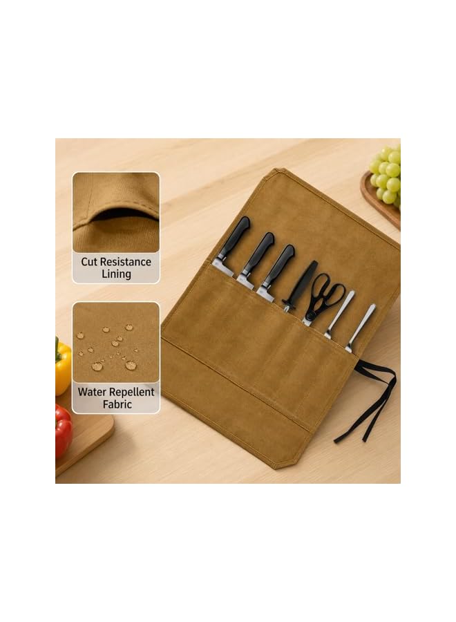 S-TOP Knife Roll Bag, Waxed Canvas Chef'S Knife Roll Bag With 7 Slots, Portable Knives Pouch Knife Storage Case Knife Carrier For Home Camping Picnic Chefs Cooking Lovers, Khaki(Bag Only) - Image 2