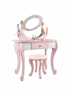 JSAITOYS Wooden Vanity For Girls With Chair And Mirron Kids Pretend Toys  - Image 1