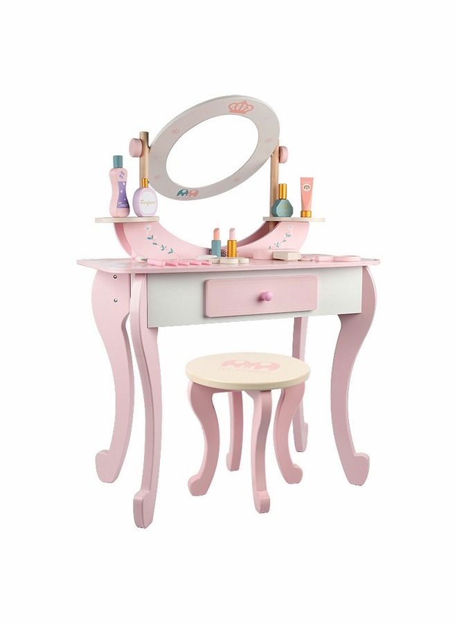 JSAITOYS Wooden Vanity For Girls With Chair And Mirron Kids Pretend Toys - Image 1