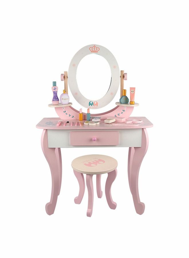 JSAITOYS Wooden Vanity For Girls With Chair And Mirron Kids Pretend Toys - Image 2