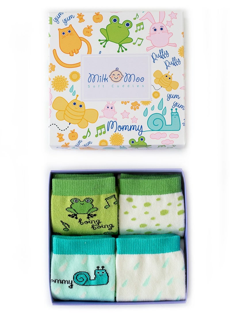 Milk & Moo 4 Pairs Baby Socks, Newborn Socks, Soft Cotton, Warm Breathable Material, Non-Slip Grip Socks, Socks for boys and girls, 0-12 Months  - Image 1
