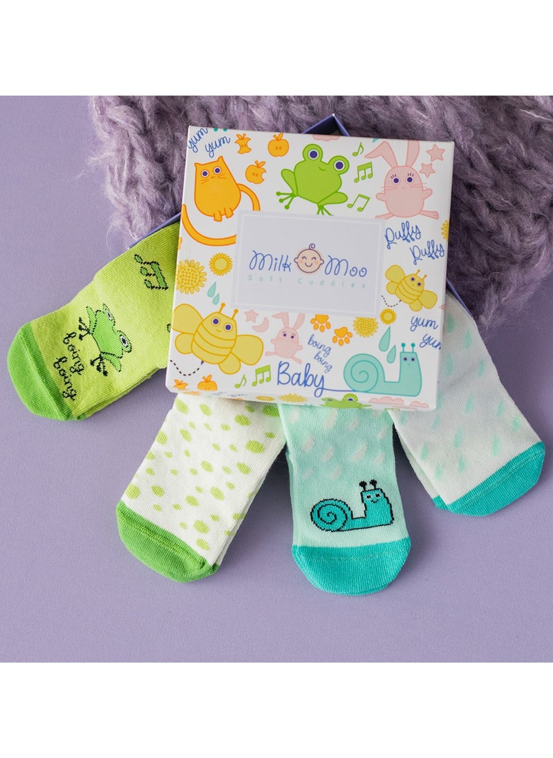 Milk & Moo 4 Pairs Baby Socks, Newborn Socks, Soft Cotton, Warm Breathable Material, Non-Slip Grip Socks, Socks for boys and girls, 0-12 Months  - Image 2