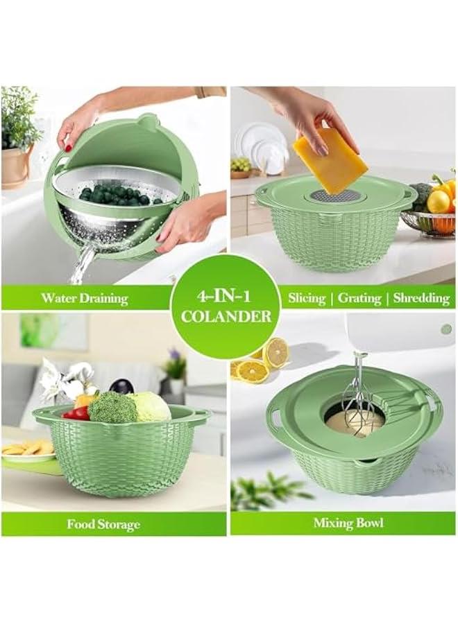 HOOKOR 4-1 Colander with Mixing Bowl Set - Strainers for Kitchen, Food Strainers and Colanders, Pasta Strainer, Rice Strainer, Fruit Cleaner, Veggie Wash, Salad Spinner (Green) - Image 4