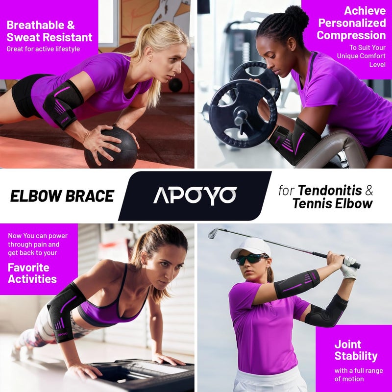 APOYO Elbow Brace for Tendonitis and Tennis Elbow, Elbow Compression Sleeve, Elbow Brace for Women and Men w/ Adjustable Strap for Tennis Elbow Relief, Weightlifting, Arthritis, Workouts, Reduce Joint Pain During Fitness Activity (Purple, Medium) - Image 2