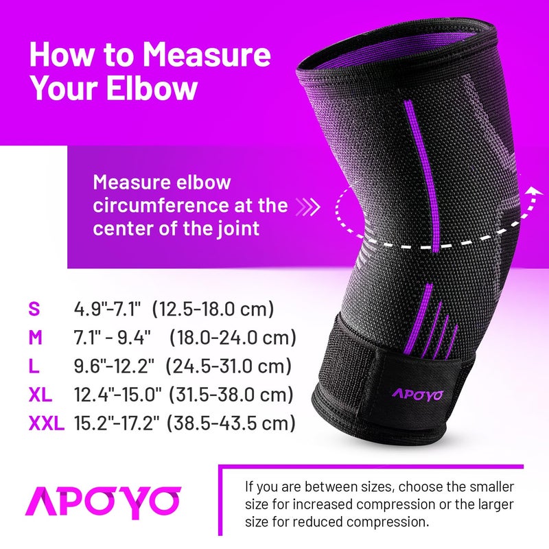 APOYO Elbow Brace for Tendonitis and Tennis Elbow, Elbow Compression Sleeve, Elbow Brace for Women and Men w/ Adjustable Strap for Tennis Elbow Relief, Weightlifting, Arthritis, Workouts, Reduce Joint Pain During Fitness Activity (Purple, Medium) - Image 3