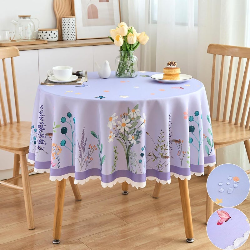 EFFICINATURE Round Tablecloth 60 Inch Spring Floral Table Cloth Scalloped Edge Silky Soft Light Fabric Waterproof Wrinkle Free Washable Table Cover for Kitchen Dining Outdoor Birthday Patio Party Decor Purple - Image 1