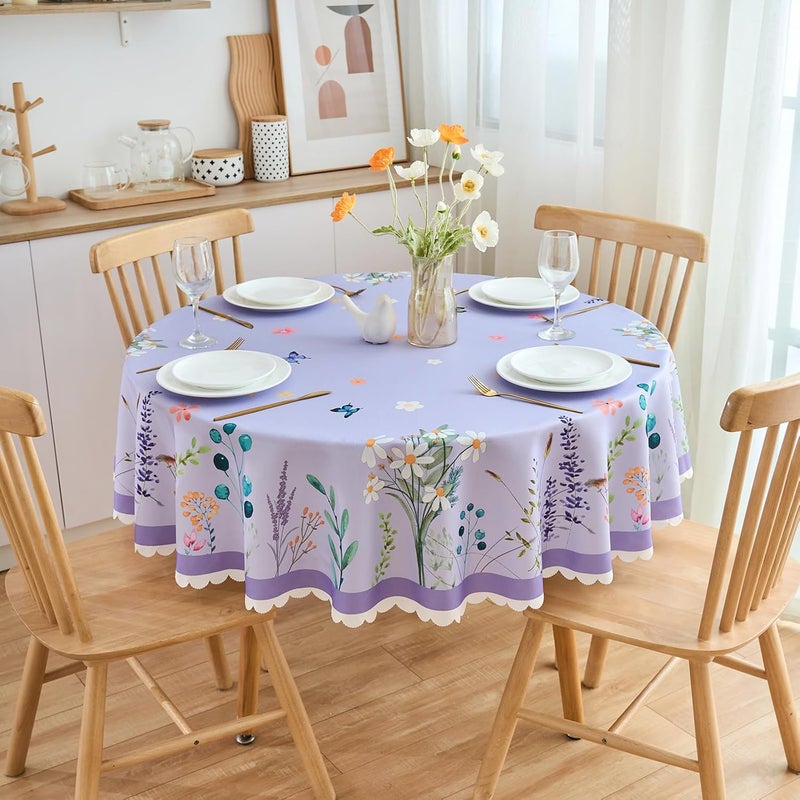 EFFICINATURE Round Tablecloth 60 Inch Spring Floral Table Cloth Scalloped Edge Silky Soft Light Fabric Waterproof Wrinkle Free Washable Table Cover for Kitchen Dining Outdoor Birthday Patio Party Decor Purple - Image 2