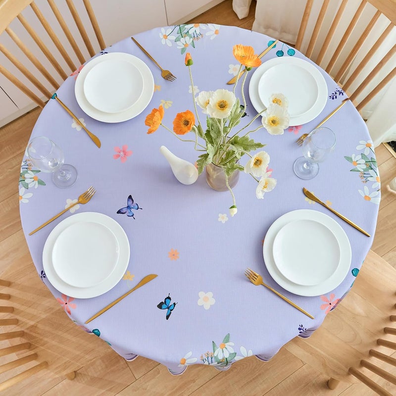 EFFICINATURE Round Tablecloth 60 Inch Spring Floral Table Cloth Scalloped Edge Silky Soft Light Fabric Waterproof Wrinkle Free Washable Table Cover for Kitchen Dining Outdoor Birthday Patio Party Decor Purple - Image 5