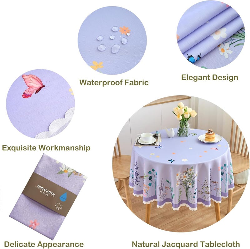 EFFICINATURE Round Tablecloth 60 Inch Spring Floral Table Cloth Scalloped Edge Silky Soft Light Fabric Waterproof Wrinkle Free Washable Table Cover for Kitchen Dining Outdoor Birthday Patio Party Decor Purple - Image 4