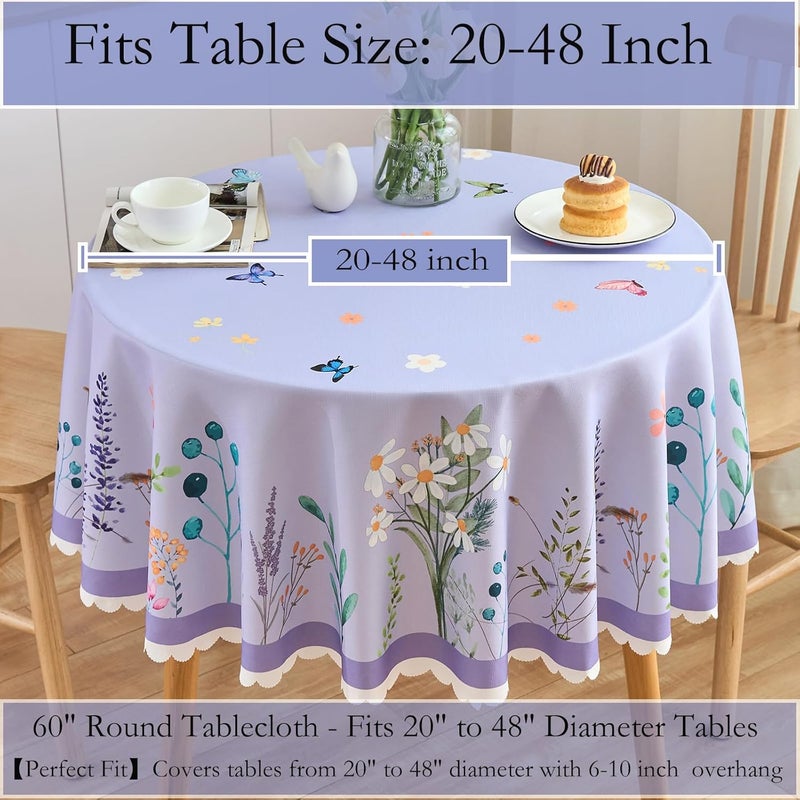 EFFICINATURE Round Tablecloth 60 Inch Spring Floral Table Cloth Scalloped Edge Silky Soft Light Fabric Waterproof Wrinkle Free Washable Table Cover for Kitchen Dining Outdoor Birthday Patio Party Decor Purple - Image 3