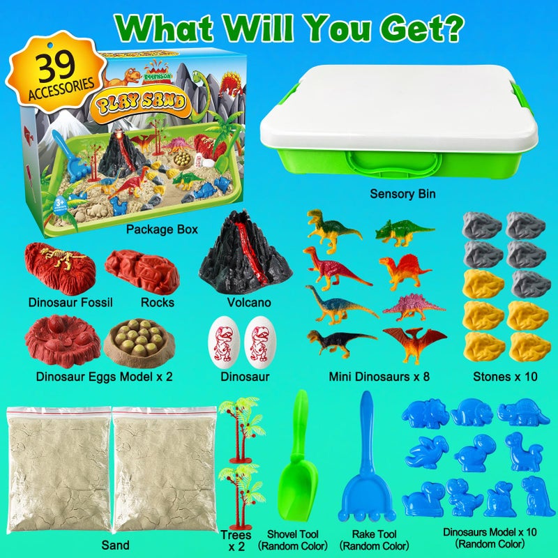 ESSENSON Sensory Bin, Dinosaurs Kit with Sensory Sand, Play Sand Pretend Play Beach Toy, Sandbox for Girls and Boys - Image 2