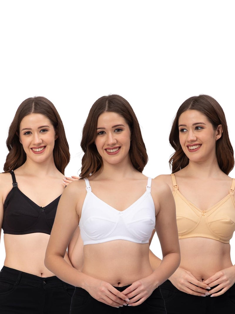 CEE 18 Women's Cotton Non Padded Non-Wired Maternity Nursing Bra (Pack of 3) (9200_32,Peach_White_Black,30C) - Image 1
