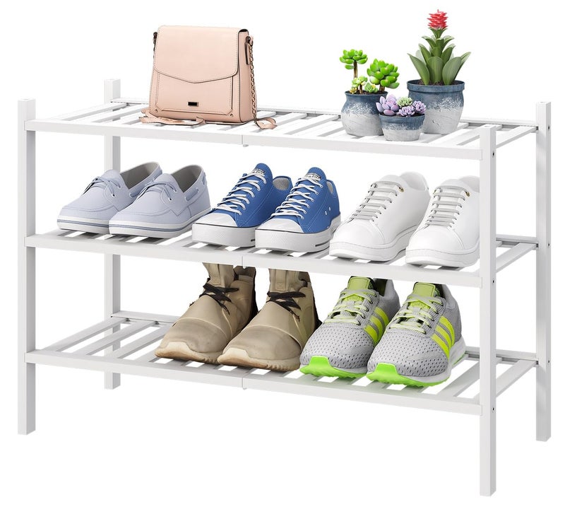 viewcare White Shoe Rack, 3-Tier Bamboo Wood Shoe Rack for Closet, Entryway & Hallway, and Stackable Shoe Shelf Storage Organizer for Indoor and Outdoor - Image 1